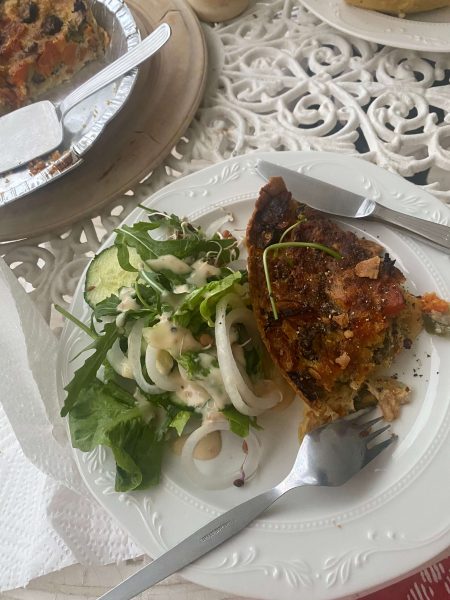 A typical light summer supper enjoyed outdoors - quiche and salad.