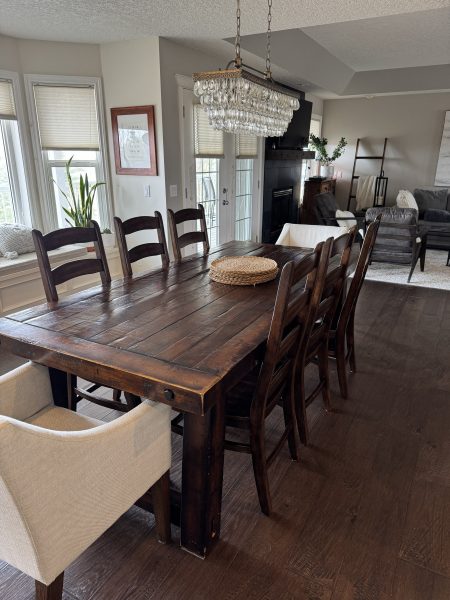 Rustic farmhouse-style table that expands to comfortably seat up to 12