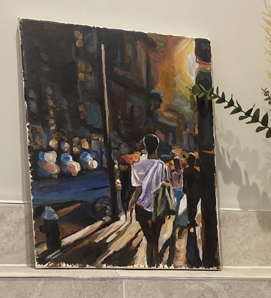 Photo of an artwork showing a street scene