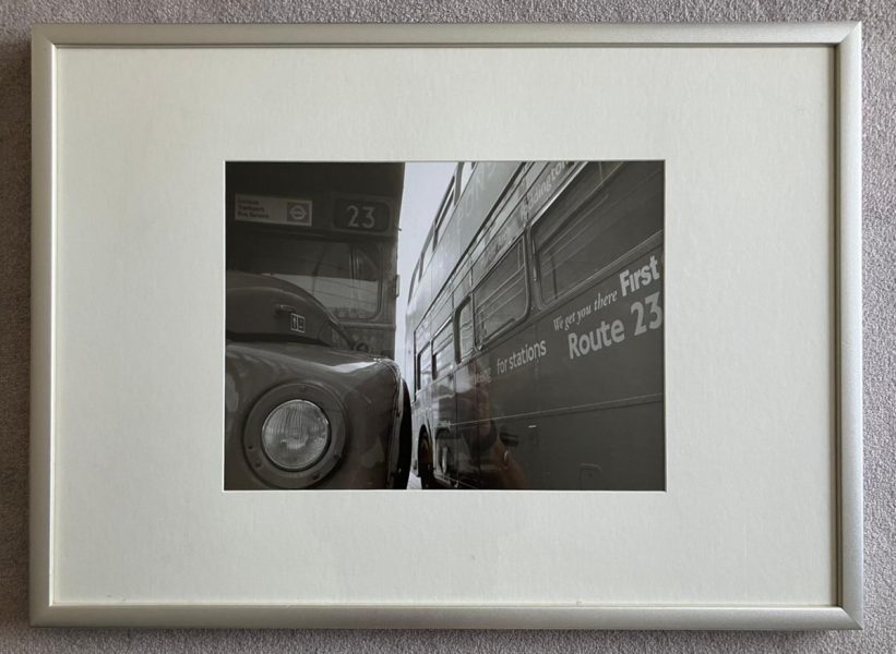 Photo of a framed black and white London street photo with a passepartout